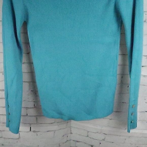 VICKY AQUA BLUE V NECK LONG SLEEVE RIBBED KNIT SWEATER WITH SPARKLE TRIM SIZE 2 - Picture 10 of 10